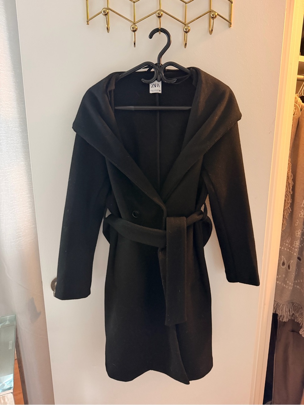 Zara Black Hooded Belted Coat